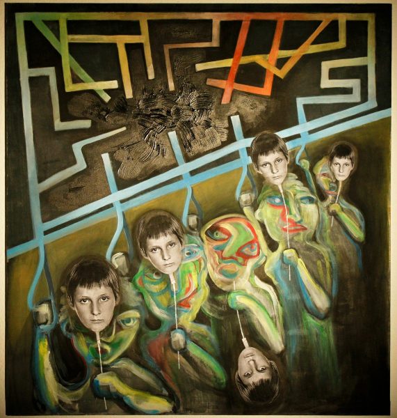 Daily Alienated Life,2011, acrilicoe tecnica mista su tela, 120x120 cm