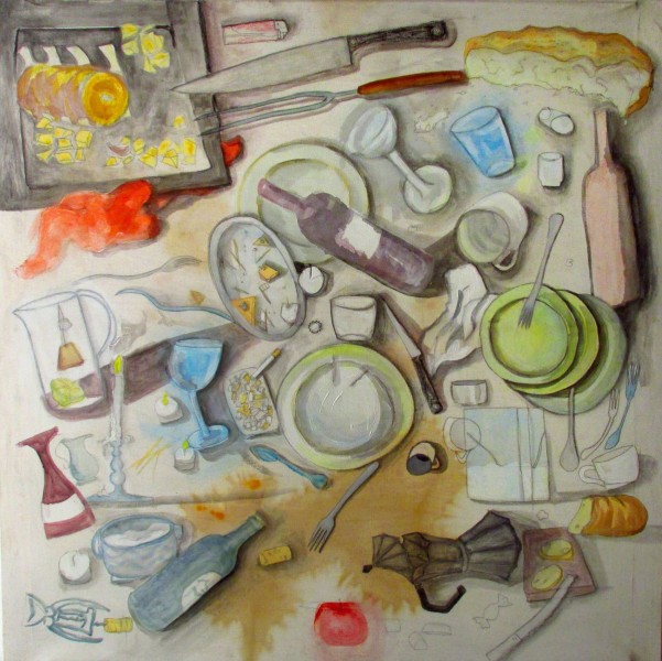 GS, La cena è finita, 2010, acryl and pencil on canvas, 88,6x 88,6 cm