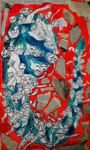 GS, L' umanità presa nella rete, 2004, mixed media on canvas, 70x100 cm ca.