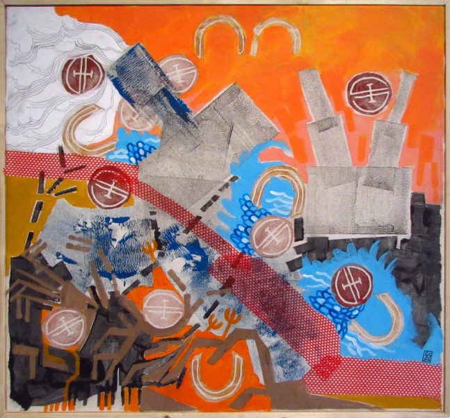 GS, Sunset with fenses and industrial complex, 2015, mixed media on canvas, 75x70cm, Private collection