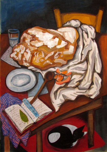 GS,Natura morta con pane, libro e gatto in memoria di Elia Betti, 2015, acrilico su carta, 70x100.